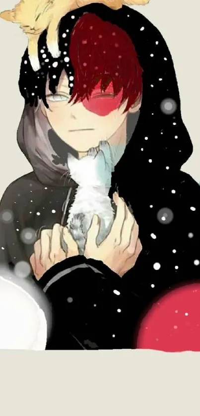 Anime boy holding cats in a hoodie with red and black hair.