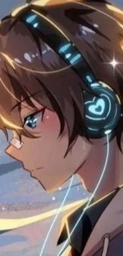 Anime boy wearing headphones with pastel sky background.