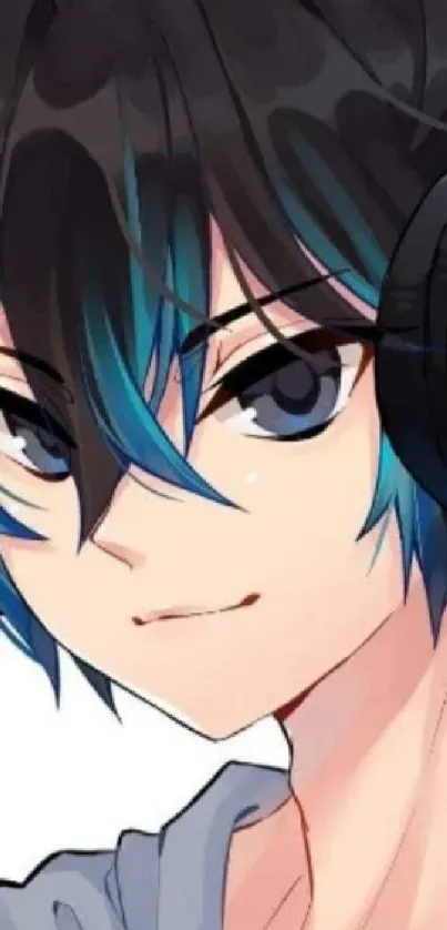 Anime boy wearing headphones, black hair and blue highlights.