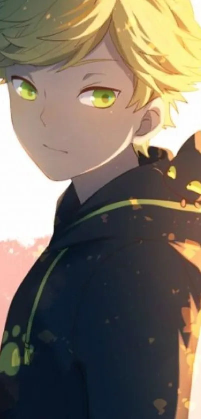 Anime boy with green eyes and pet in soft yellow tones.