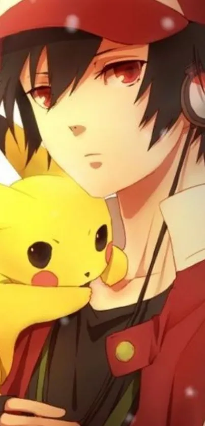 Anime boy with Pikachu hugging in vibrant artwork.