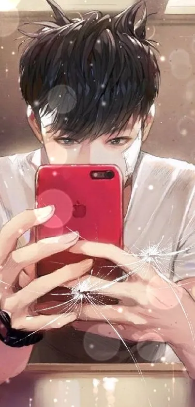 Anime boy holding a red smartphone in front of a mirror.