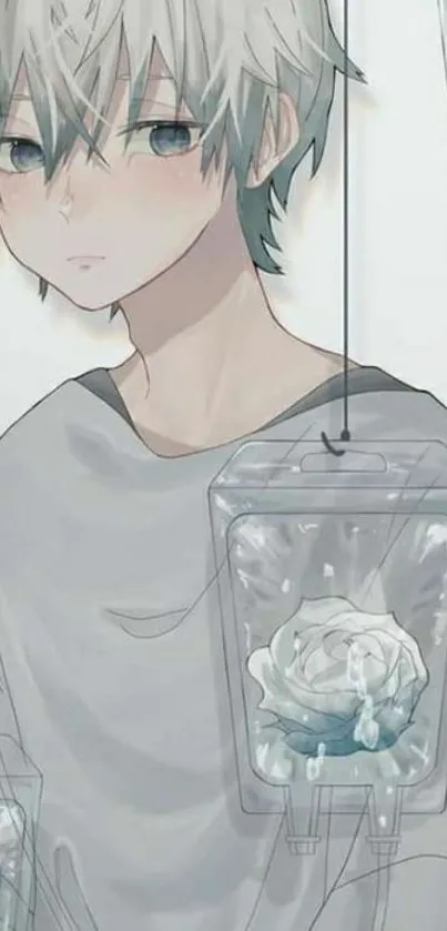 Anime boy with roses in light gray tones.