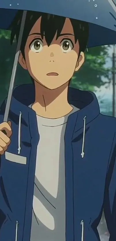 Anime boy holding an umbrella against a serene backdrop.