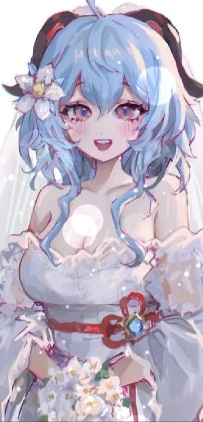 Anime bride in elegant dress with blue hair and flowers.