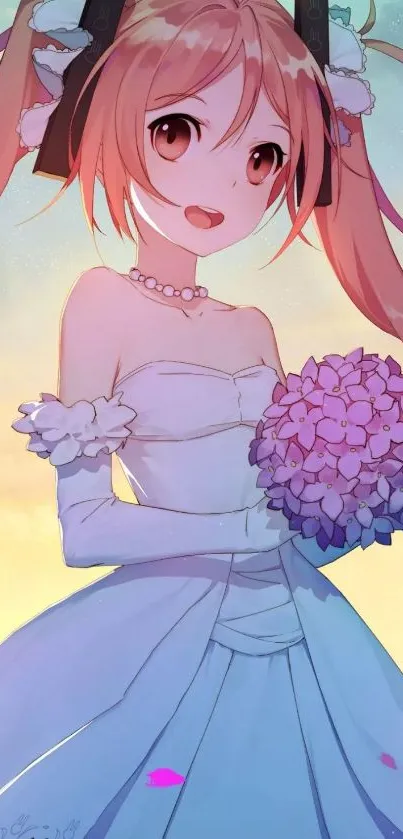 Anime bride in white dress holding a bouquet against a pastel sky.