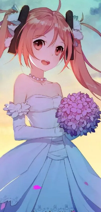 Anime bride in white dress with bouquet at sunset.