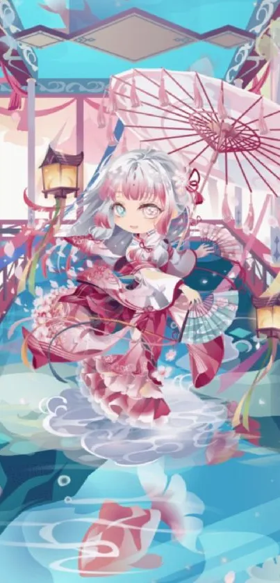 Anime character with parasol on a colorful bridge surrounded by cherry blossoms.