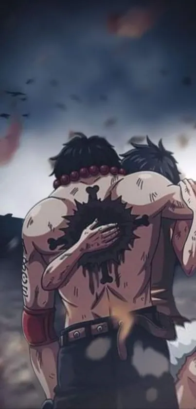 Anime brothers embrace with emotional background.