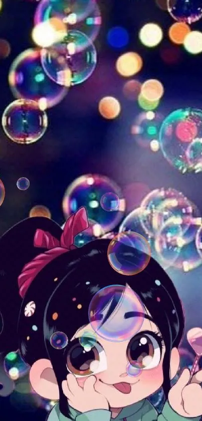 Anime character with bubbles in a colorful, whimsical mobile wallpaper.