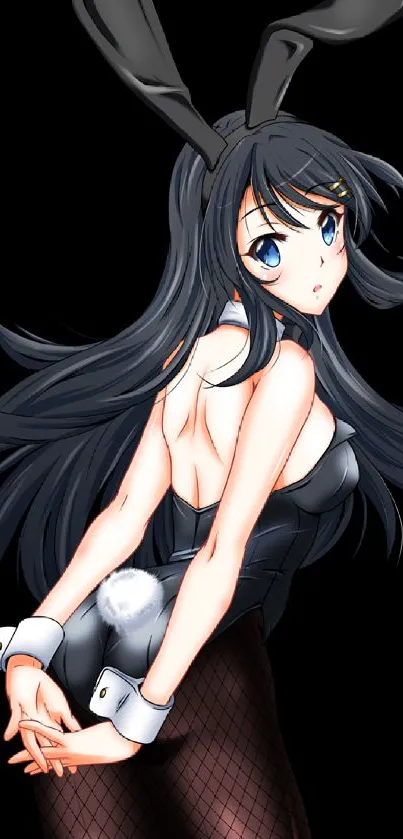 Anime bunny girl with black hair and costume on a smartphone wallpaper.