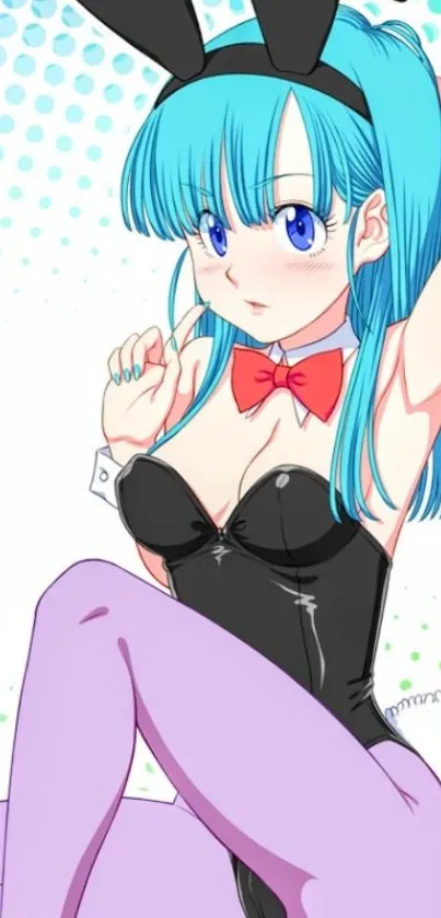 Anime girl in bunny costume with blue hair against dotted background.