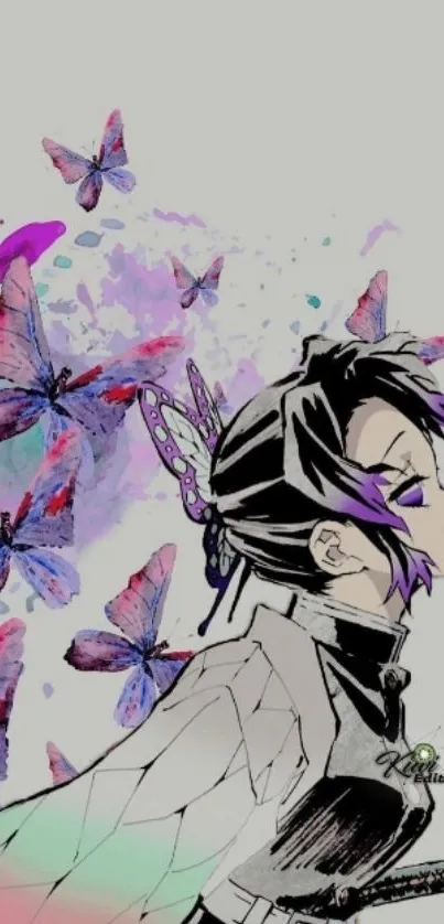 Anime character with butterflies and colorful splashes on a gray background.