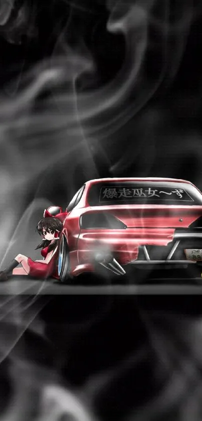 Anime girl with red sports car on dark background wallpaper.