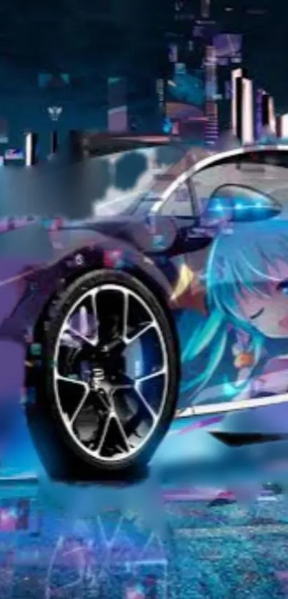 Anime car with neon lights in a futuristic city setting.