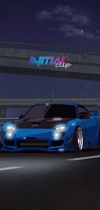 Anime style car driving on a city highway at night.