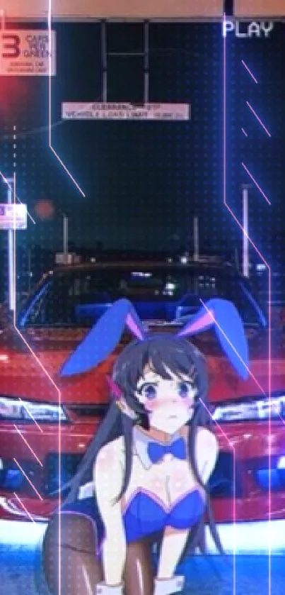 Anime character poses in front of a red car at night.