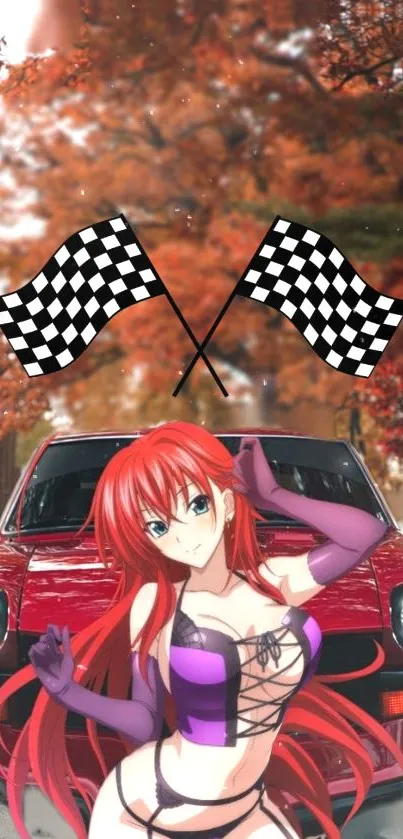 Anime character with red sports car and checkered flags on a vibrant background.