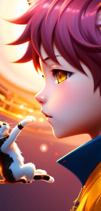 Anime style boy with cat ears and a kitten in vibrant colors.