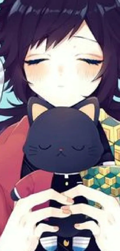 Anime girl cuddling a black cat in serene artwork.