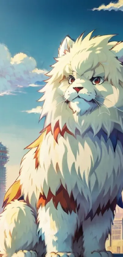 Anime cat sits atop a city building with a backdrop of clouds and a tower.