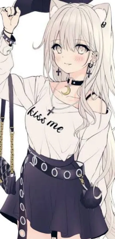 Anime cat girl with white hair and cute outfit.