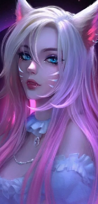 Anime cat girl with pink hair and vibrant colors in a fantasy setting.