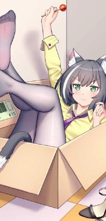 Anime cat girl with ears, inside a cardboard box, holding a lollipop.