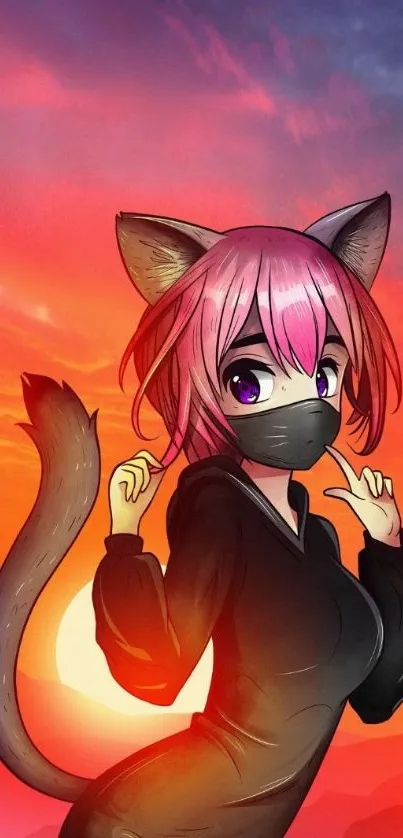 Anime cat girl with mask in a sunset background.