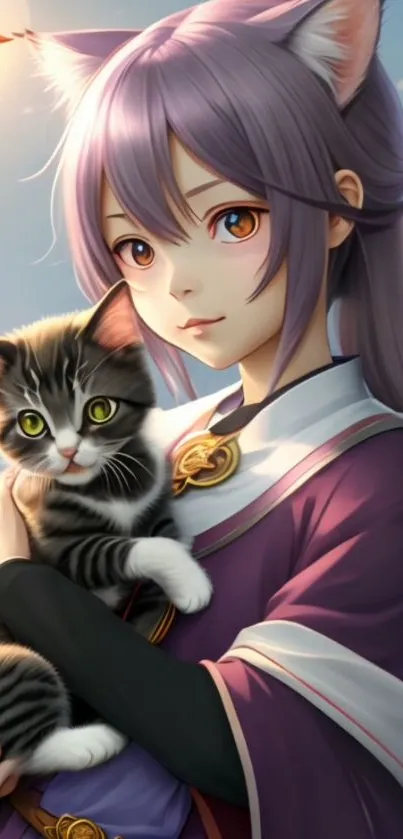 Anime girl with cat ears holding a kitten.