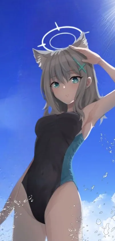 Anime cat girl in swimsuit under blue sky.