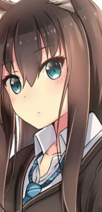 Anime cat girl with blue eyes and brown hair, wearing a school uniform.