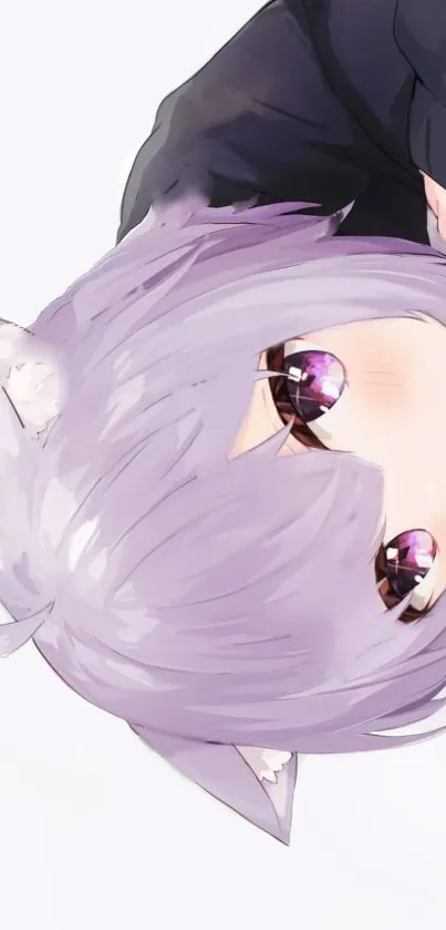 Anime girl with purple hair and cat ears on a white background.