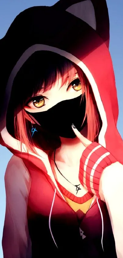 Anime character in red cat hoodie with mask, colorful wallpaper.