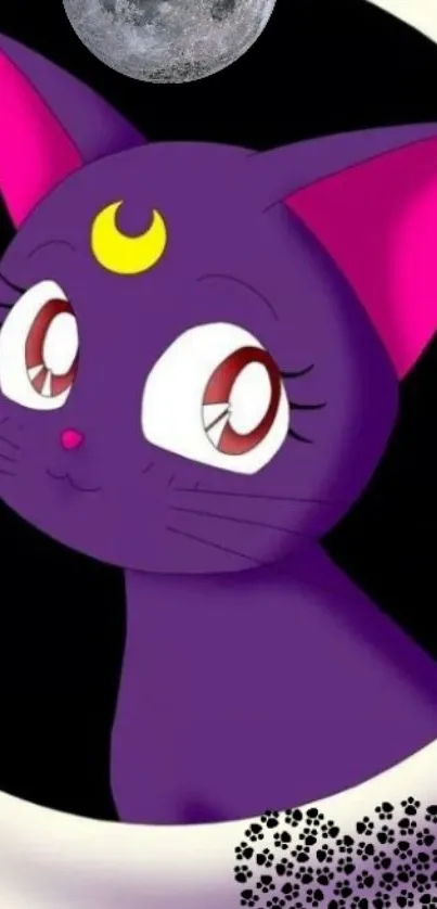 Purple anime cat with crescent moon pattern.