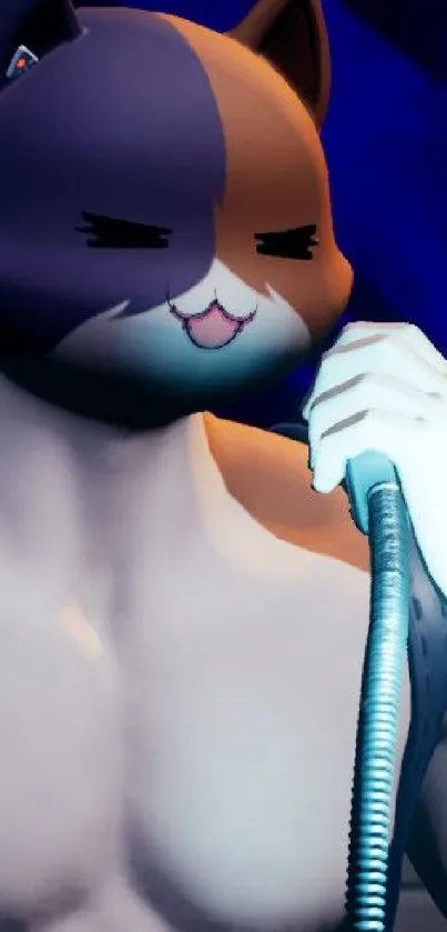 Anime-inspired cat person holding a microphone with a dark blue background.