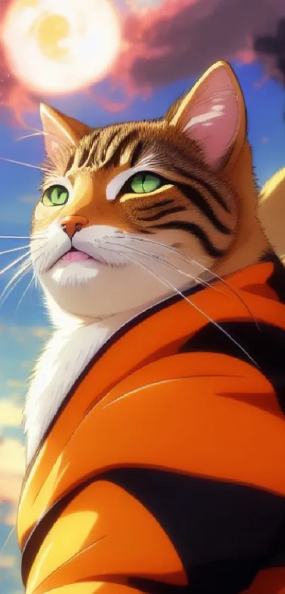 Anime-style cat in orange robe against a dramatic sunset sky wallpaper.