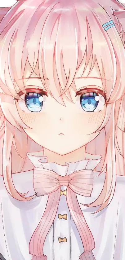 Anime catgirl with pastel pink hair and blue eyes in a cute aesthetic style.