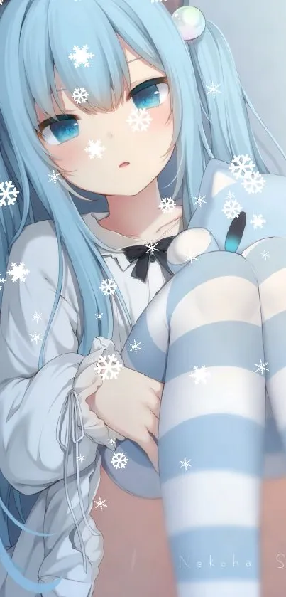 Anime catgirl with light blue hair, hugging a plushie, creating a cozy aesthetic.