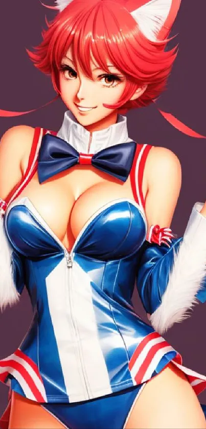 Anime catgirl with red hair wearing a blue and white costume.