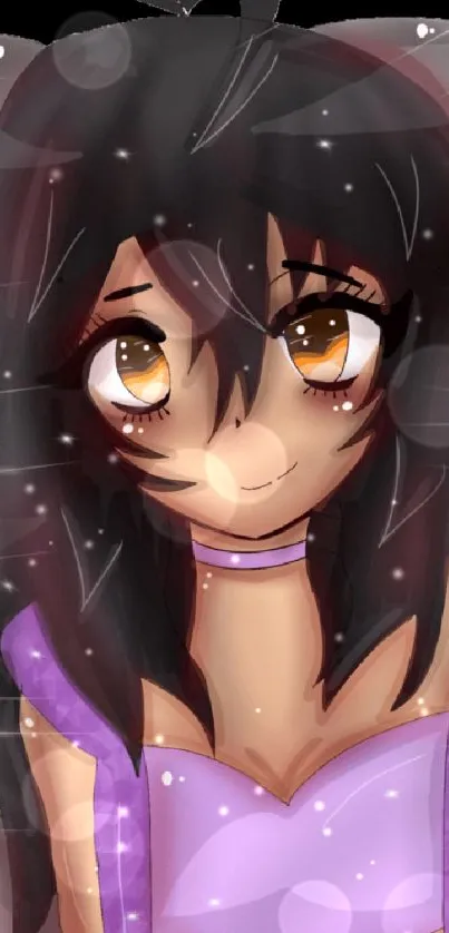 Anime catgirl with brown eyes and purple accents on phone wallpaper.