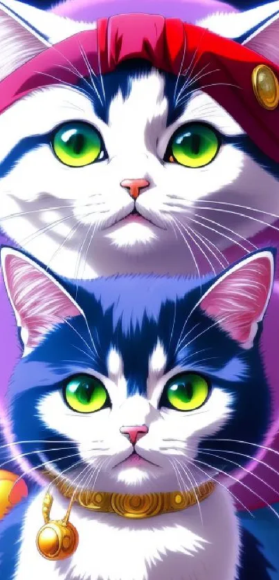 Anime cats with green eyes in a cosmic backdrop.