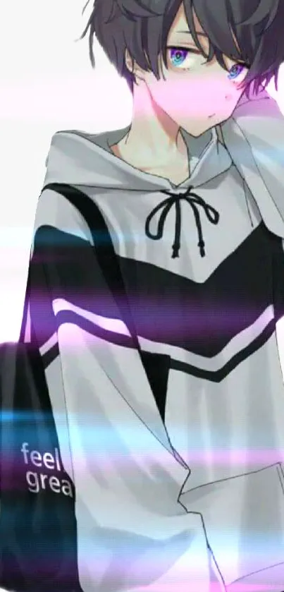 Anime character in monochrome hoodie with colorful light streaks.