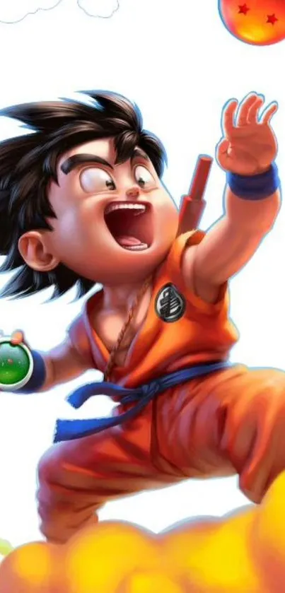 Anime character joyfully reaching for a dragon ball.