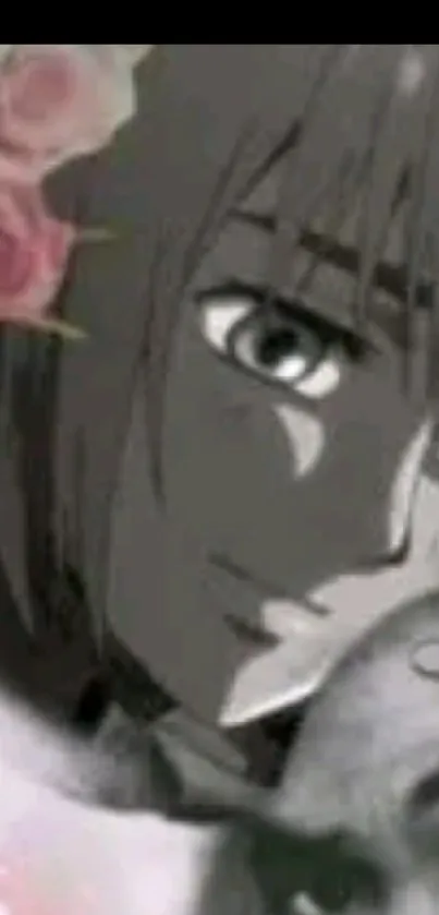 Anime character with pink floral accents on wallpaper.