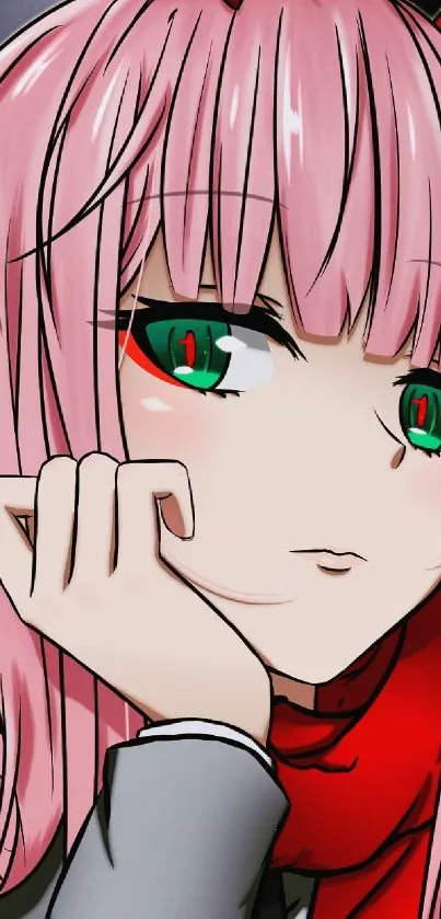 Anime character with pink hair and green eyes in vibrant art style.