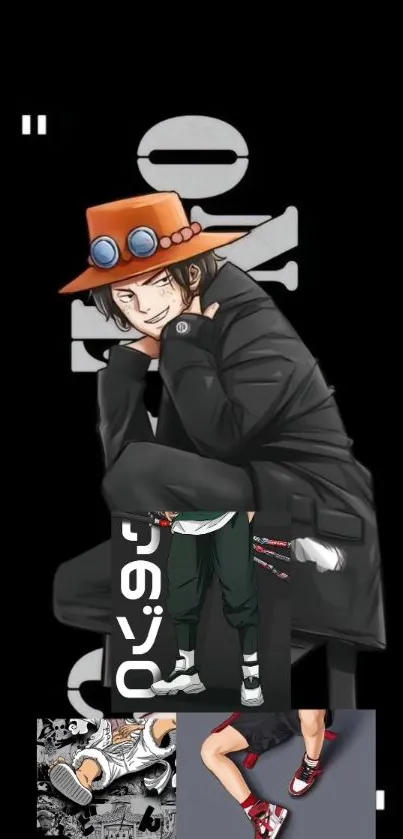 Anime character with a stylish hat and dynamic pose on black background.