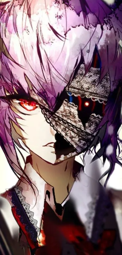 Mysterious anime character with purple hair and red eye in artful wallpaper.