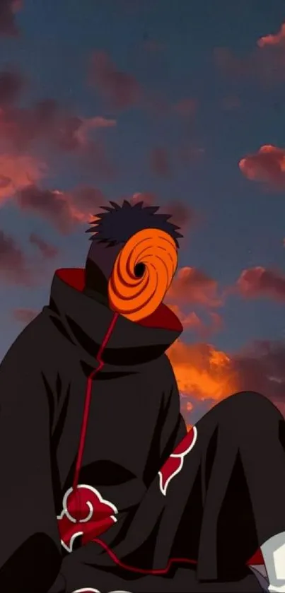 Anime character with swirling mask at sunset.