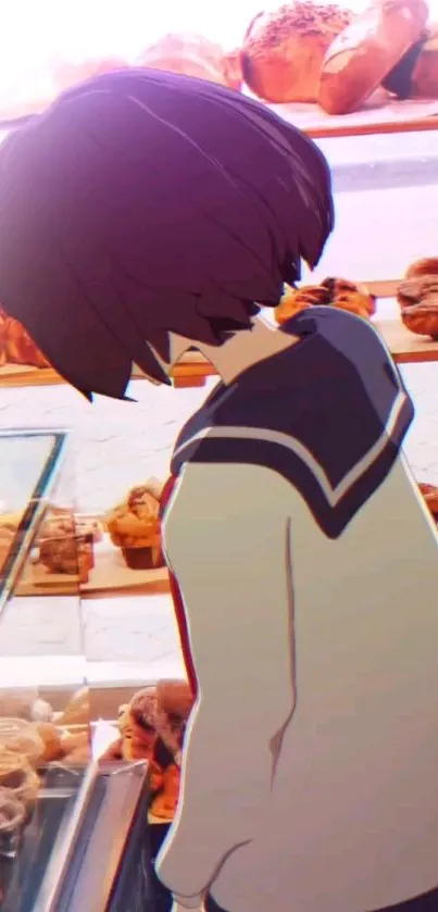 Anime character in a bakery with assorted pastries.